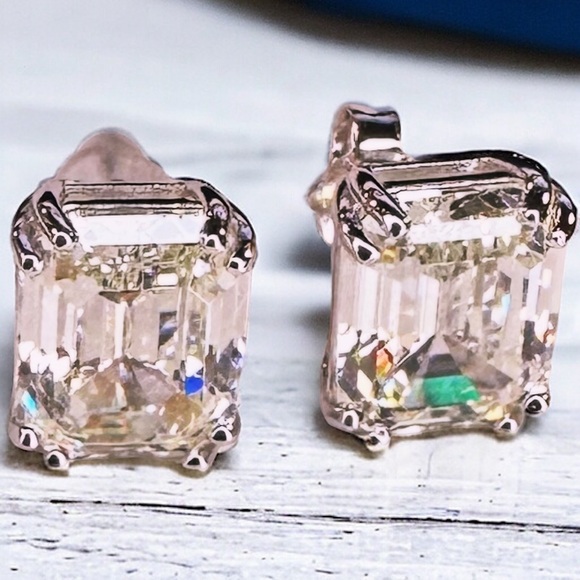 NEW Solid 925 Sterling Silver Prong Set Emerald Cut High Carbon Sparkling Studs - Picture 7 of 16